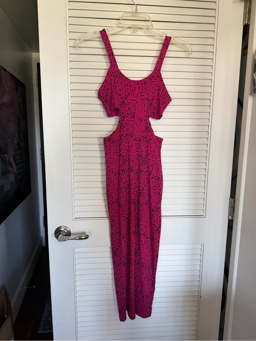 Material Girl Hot Pink Maxi Dress with Cut-out, Black Geometric Print